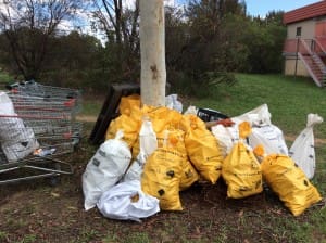 Rubbish collected from in and around Lake Tuggeranong awaits collection