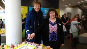 Tuggeranong’s CEO of the new CIT Leanne Cover and Tuggeranong Community Council President Glenys Patulny, cutting the cake as part of the CIT celebrations on 20th July.